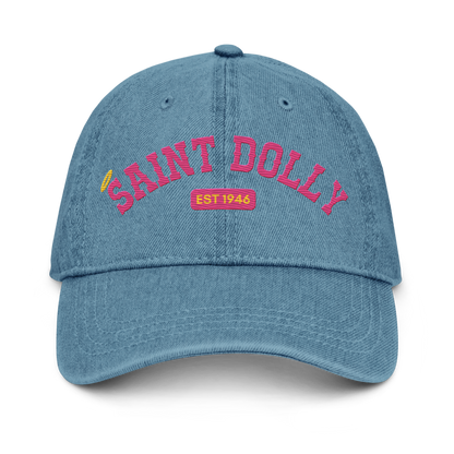 The Highway Halo embroidered denim hat in blue front view – Saint Dolly