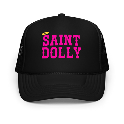 The Praise Panel Halo printed trucker hat in black front view – Saint Dolly