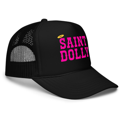 The Praise Panel Halo printed trucker hat in black right front view – Saint Dolly