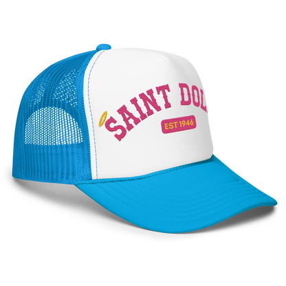 The Mountain Halo trucker hat right front view in blue – Saint Dolly