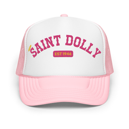 The Mountain Halo embroidered trucker hat in light pink and white – Saint Dolly