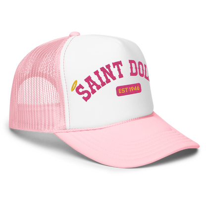 The Mountain Halo trucker hat right front view in light pink – Saint Dolly