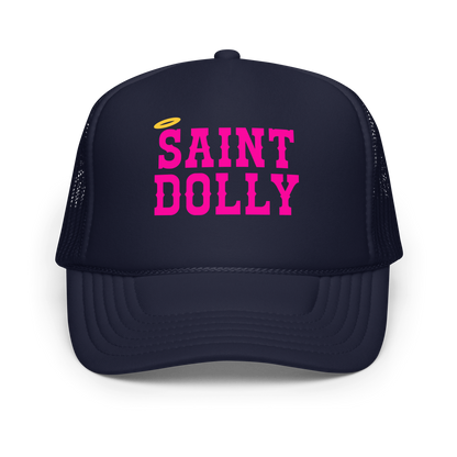 The Praise Panel Halo printed trucker hat in navy front view – Saint Dolly