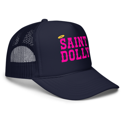 The Praise Panel Halo printed trucker hat in navy right front view – Saint Dolly