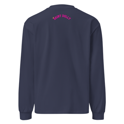 The Tease and Please long sleeve heavyweight t-shirt in midnight blue back view – Saint Dolly